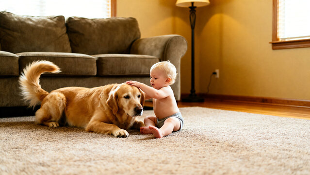 A baby is sitting on a carpeted floor, gently touching a golden retriever dog in a cozy indoor setting.