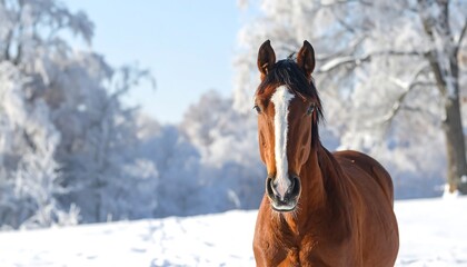 A majestic brown horse stands in a snowy landscape, framed by frosted trees, showcasing the beauty of winter.