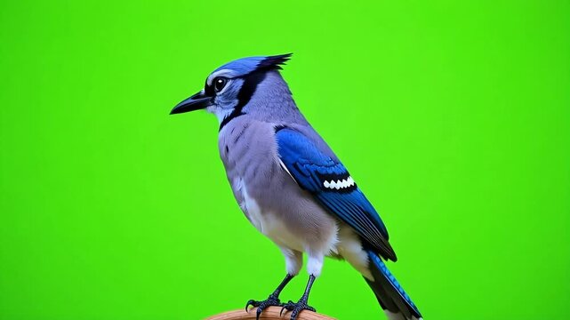 Vibrant blue jay perched gracefully, showcasing detailed feathers and intelligent gaze against a striking green backdrop, ideal for nature and wildlife projects.