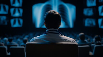 A medical professional sits in a darkened auditorium, intently observing a large screen displaying radiographic images, conveying a sense of focused analysis and critical decision-making.