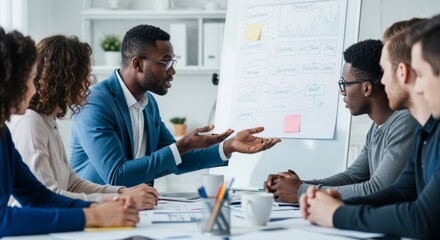 Business Leader Explains Strategy to Team in Modern Office