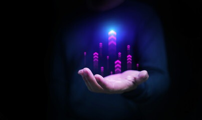Futuristic digital growth concept with glowing arrows rising from a hand, symbolizing business success, innovation, data analytics, and financial development.