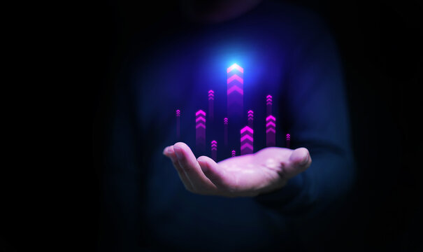 Futuristic digital growth concept with glowing arrows rising from a hand, symbolizing business success, innovation, data analytics, and financial development.