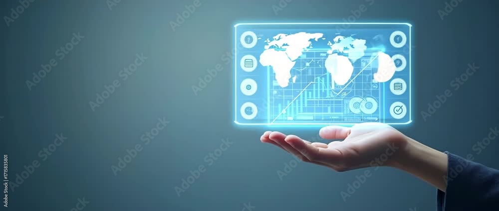 Poster a hand showcasing holographic advertising analytics symbol representing advertising analytics in mar
