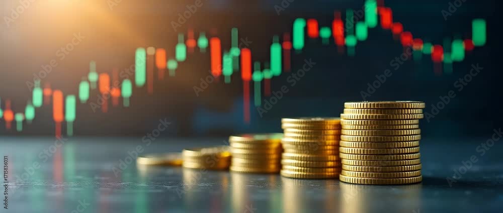 Poster Stacked gold coins reflecting on table with financial stock market graph background concept as Stacked gold coins reflecting on a table with a financial stock market graph in the background in  Photo 