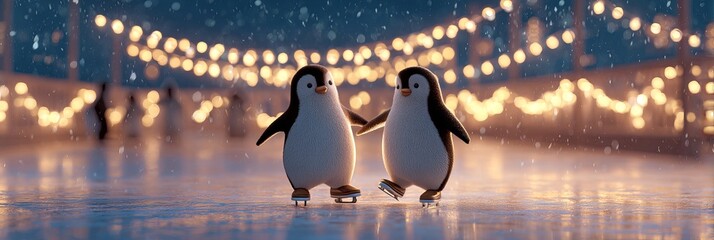 Two cute animated penguins ice skating hand in hand under sparkling lights.