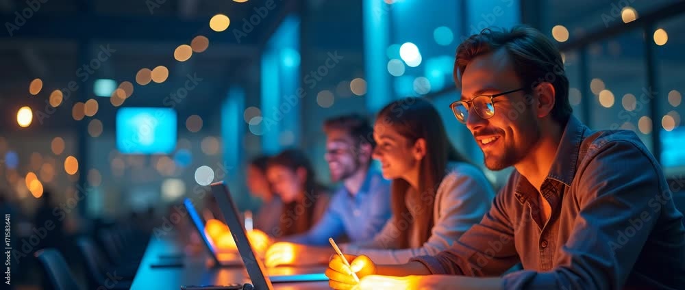 Poster joyful team of professionals using glowing work tools in a fantastical setting - productive and happ