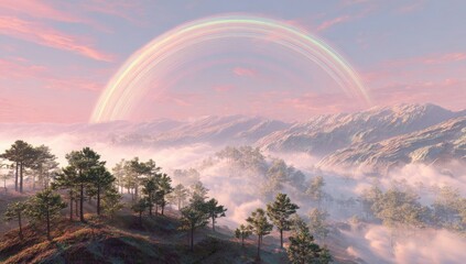 Obraz premium Pastel double rainbow arches over misty mountain range with coniferous trees at sunrise/sunset