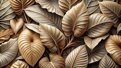 Intricate closeup of dried tropical leaves with a textured, embossed effect, showcasing natural patterns and earthy tones
