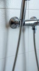 Modern shower fixture with finish on white tiled wall.