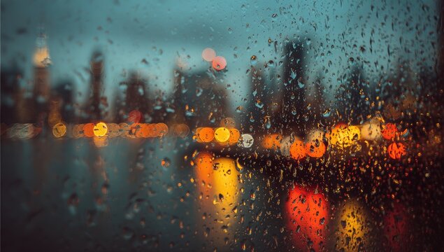 Rain-streaked window reveals a blurred cityscape at night, illuminated by colorful bokeh lights