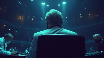 A contemplative figure sits amongst colleagues in a dimly lit hall, suggesting a serious discussion or formal meeting, captured with a cool, cinematic tone and dramatic lighting.