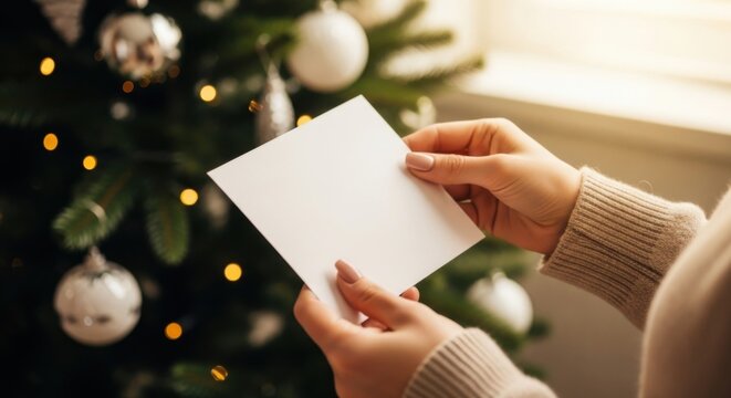 Woman hand holding blank christmas greeting card by festive tree. New Year celebration with decorative elements. Mockup for holiday invitation.