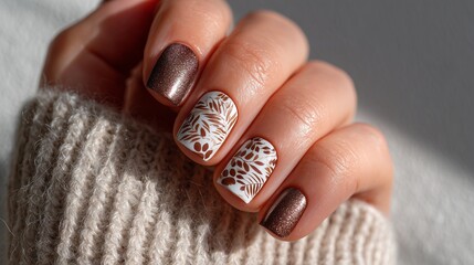 Minimalist bear paw print nails in brown and white, cute yet stylish, single hand on light backdrop
