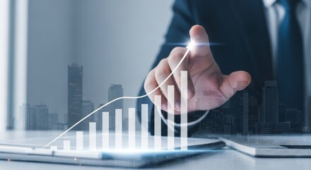 Business Professional Analyzing Growth Chart with Cityscape Background