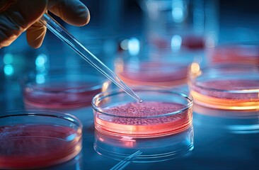 Scientist conducting research in a laboratory with petri dishes and liquid samples.