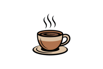A steaming cup of coffee in a cartoon style, perfect for cafe menus or branding. background removed