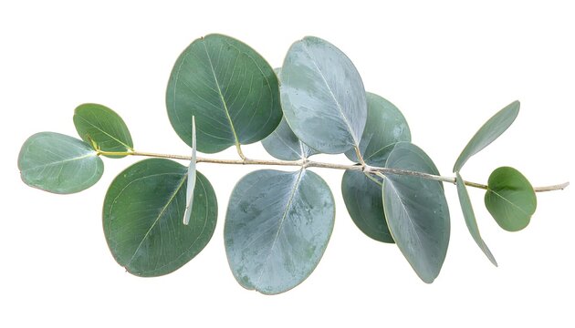 A delicate branch of eucalyptus leaves displays soft green and gray tones against a pure white background.