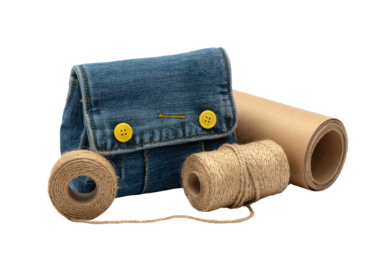 A denim pouch with yellow buttons, two spools of twine, and a roll of kraft paper. background removed
