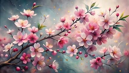 Vibrant pink cherry blossoms burst forth on branches against a soft, painterly background with a hint of blue and scattered gold