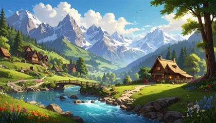 A picturesque alpine village nestled in a valley, surrounded by majestic snow-capped mountains, bathed in warm sunlight.