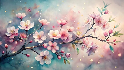 Delicate pink cherry blossoms bloom on a branch with a soft, ethereal, and dreamy watercolor background, evoking spring