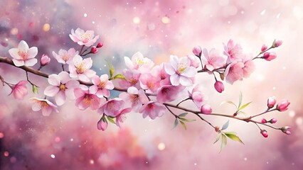 Naklejka premium Delicate pink cherry blossoms on a branch against a soft, dreamy pink and purple bokeh background