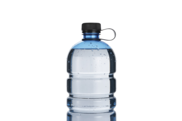 A large transparent blue plastic water bottle with a black cap and handle, isolated on a transparent background. background removed