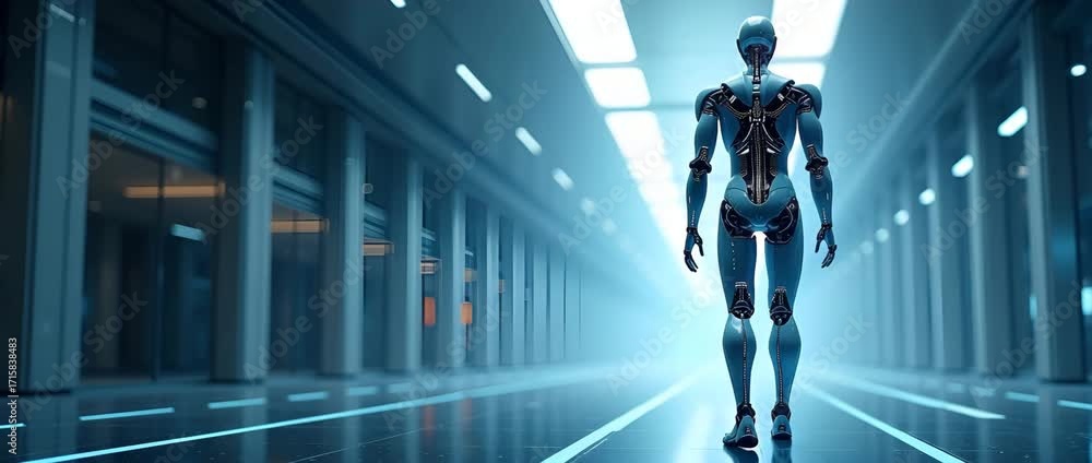 Poster futuristic ai-enhanced robotic prosthetics: minimalist artwork with sleek digital visuals and vast e