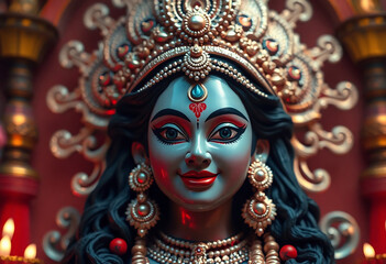 Goddess Durga Face in Happy Durga Puja background