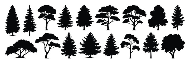 Collection of Diverse Tree Silhouettes - Evergreen and Deciduous Styles for Design