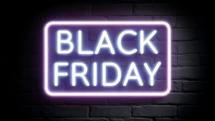 Glowing neon sign reads Black Friday, enticing shoppers with promises of deals and discounts, vibrant and bold against a dark brick wall background, perfect for holiday sales promotions