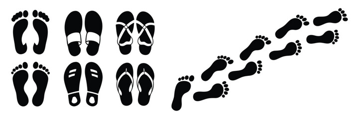 Collection of black footprints and flip-flops icons on a white background