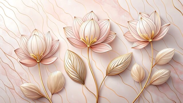 Elegant 3d render of three pale pink lotus flowers with golden accents and delicate textured petals, set against a subtle marbled background