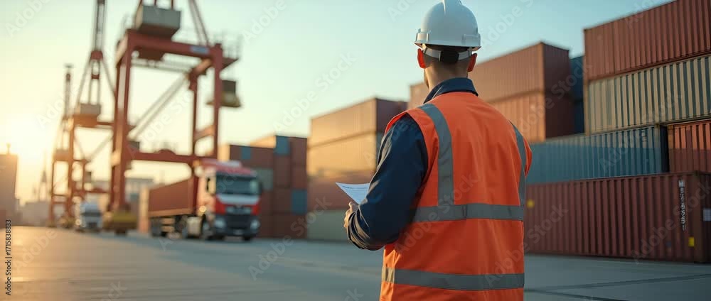 Poster logistics operator coordinating cargo from asia arrivals at port terminal overseeing crane operation