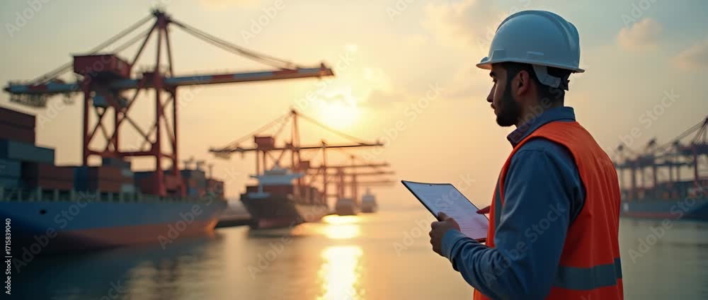Poster logistics operator coordinating cargo arrivals at port terminal: crane operations & container handli