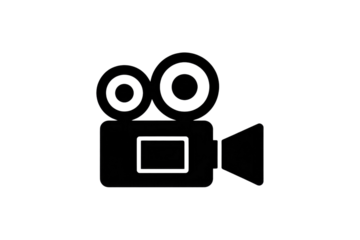 A simple black silhouette of a vintage movie camera against a transparent background. background removed