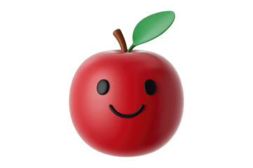 A cheerful 3D-rendered red apple with a simple smiley face and a green leaf. background removed