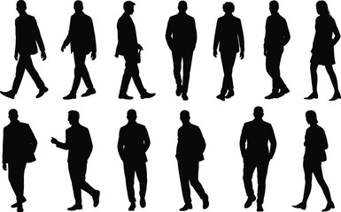 Business people silhouettes walking and standing, male and female professional poses, modern vector characters, black shadow illustration, cad drawing flat vector illustration