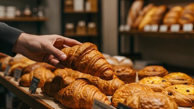 Hand selecting croissant from bakery display