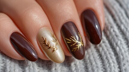 Minimalist deer antler nails in brown and gold, rustic yet elegant, plain high-contrast backdrop