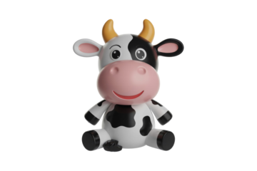 Adorable 3D render of a cartoon cow, sitting and smiling, with black and white spots. background removed