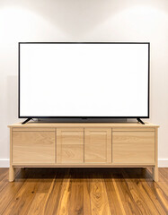 Fototapeta premium Modern television set on light wood media console with blank screen cabinet