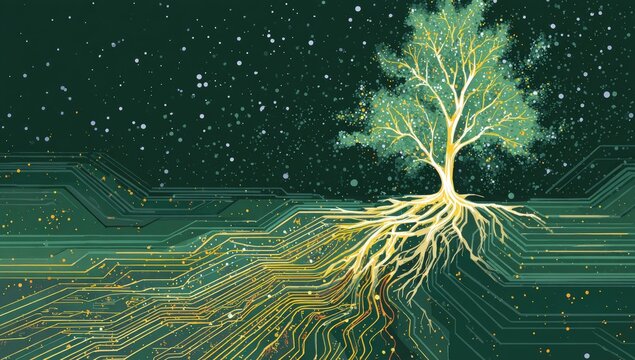 Tree of life, roots intertwined with circuit board