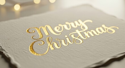 Merry Christmas golden text on card. Festive holiday greeting mockup. Elegant design element for winter celebration and seasonal events.