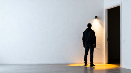 A person stands in a minimalistic room near an open door with a light casting a warm glow on the floor.