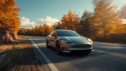 紅葉のオレンジから空の青へ滑らかに移る色相が高級感を生み自動車ブランドや観光PRに幅広く展開できる汎用カット.生成AI