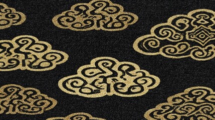 An opulent seamless pattern features swirling golden motifs against a dark, textured backdrop, evoking a sense of luxury and intricate design, ideal for textiles or backgrounds.
