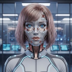 Close-up portrait of a futuristic robot woman with a sophisticated and elegant design, displaying metallic gray and copper accents, and striking blue eyes.