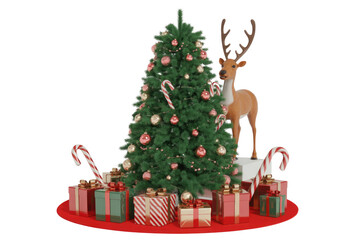 A festive Christmas scene with a decorated tree, gifts, candy canes, and a reindeer. background removed